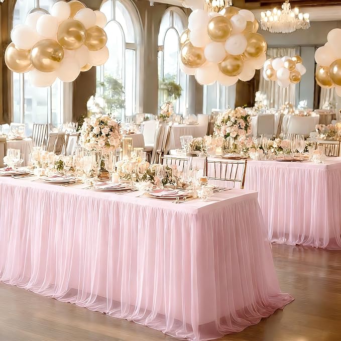 6 Pack Pink Tablecloths for 8 Foot Rectangle Tables with Tulle Table Skirt Wedding Table Cover Stretchy Fitted Ruffle Tutu Tablecloth for Baby Shower Reception Birthday Parties Celebration Banquet
