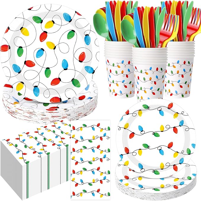 Funnymoom 400 Pcs Christmas Party Supplies, Christmas Lights Paper Plates and Napkins Cups Set with Spoons Forks Knives, Xmas Light Tableware Set for Holiday Xmas Party Decorations
