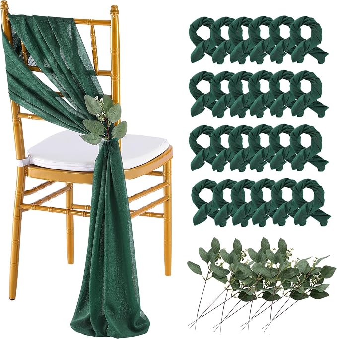 QueenDream Emerald Green Chair Sashes Wedding Aisle Decorations: 24 Packs 8ft Long Draping Fabric Sheer Church Chair Cover Bulk for Party Banquet