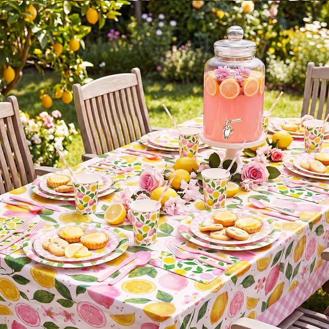Vesici 452 Pcs Pink Lemon Party Supplies Lemon Party Tableware Set with 9 Inch 7 Inch Plates Napkins Tablecloths 9oz Cups Cutlery Straws for Summer Birthday Baby Shower Bridal Shower, 50 Guests