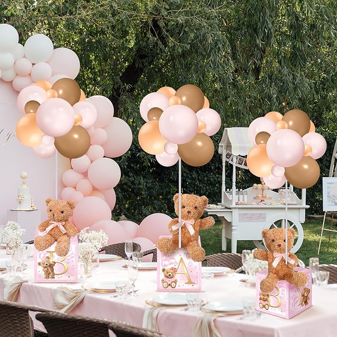 Lenwen 3 Sets Jungle Animal Decoration for Baby Shower Letter Boxes Baby Shower Table Centerpiece Stuffed Animals Balloon with Stand Plush Boxes for Party(Pastel,Bear)