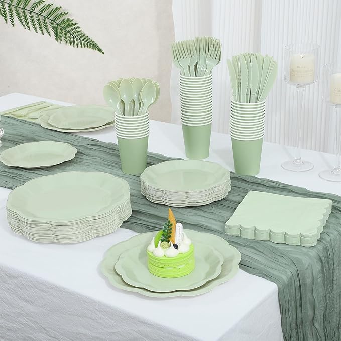 NatNarr 350 Pcs Sage Green Party Paper Plates and Napkins Set Include 9" Dinner Plates & 7" Dessert Plate Disposable Scalloped Tableware Serve 50 Guest for Wedding Baby Shower Bridal Shower Birthday