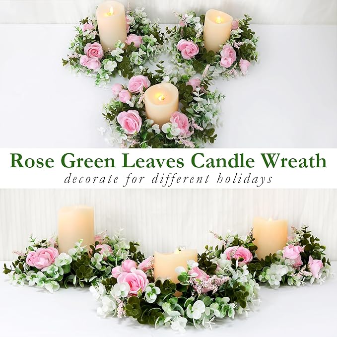 4 Pcs Rose Candle Rings - Artificial Pink Floral Wreaths with Eucalyptus Leaves Greenery Garland for Pillar Candleholders Wedding Centerpiece Party Home Table Decor