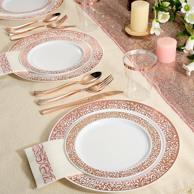 FOCUSLINE 350 Ct Rose Gold Dinnerware Set for 50 Guests, Rose Gold Lace Plastic Plates Disposable Heavy Duty, Including 50 Dinner & Dessert Plates, Cups, Napkins, Cutlery Set