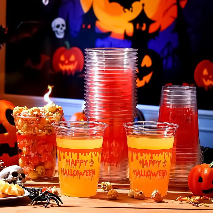 100 Pcs Halloween Plastic Cups 16 oz Clear Disposable Blood Print Halloween Cups Bulk for Trick or Treat Spooky Scary Party Supplies Decoration