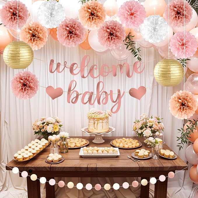 Kriyokiaa 16 Pcs Baby Shower Decorations for Girl Light Rosegold Baby Shower Decorations with Welcome Baby Banners Paper Flower Pom Poms Perfect for Indoor & Outdoor Celebrations