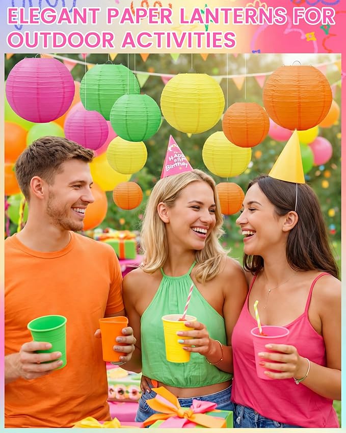 Treela 48 Pcs Paper Lanterns Party Decorations Chinese Round Paper Decor 4/6/8/10 Inch Asian Hanging Lamps Decorative for Graduate Wedding Birthday Party Bridal Parties Supplies(Neon)