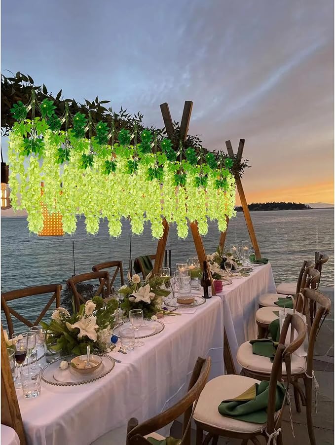 12 Pack Green Wisteria Hanging Flowers Garland with Lights, 3.44 Feet Artificial Flower Vines, Fake Wisteria, Artificial Vines Hanging Garland for Backdrop Outdoor Patio Garden Decor