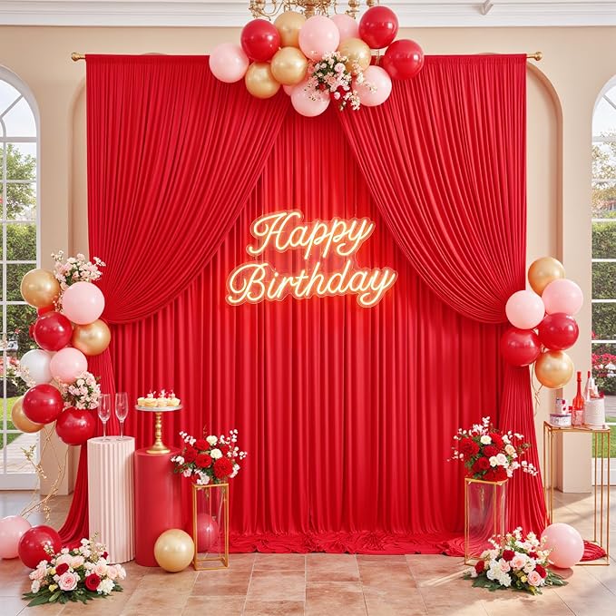 20ft×12ft Red Backdrop Curtain for Wedding Parties, 4 Panels Wrinkle Free Polyester Photo Backdrop Drapes Back Drop Cloth for Memorial Day Birthday Photography Background