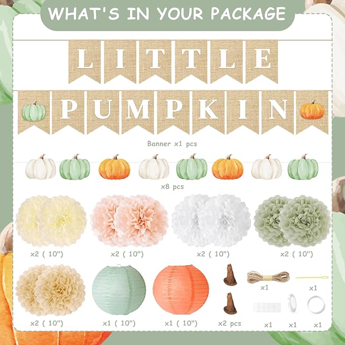 Kriyokiaa Little Pumpkin Baby Shower Decorations 15 Pcs Fall Baby Shower Decorations with Little Pumpkin Banner, Paper Pom Poms, Paper Lantern Perfect for He or She Reveal Party