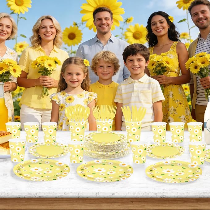 168Pcs Daisy Birthday Decoration Yellow Daisy Plates and Napkins Spring Summer Yellow Flower Tableware Set for Birthday Baby Shower Bridal Shower Wedding Party Supplies, Serves 24