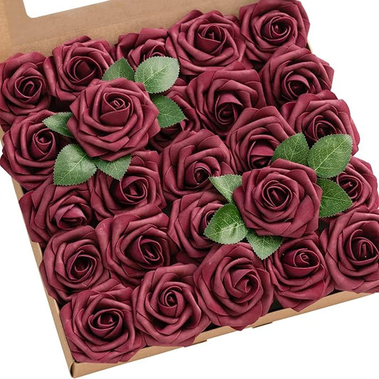 Ling's moment Artificial Flowers 50Pcs Burgundy Roses Decor w/Stems,3" Real Touch DIY Foam Floral for Wedding Bouquet/Centerpieces, Outdoors Party Backdrop, Room/Table, and Garden/Pot Decorations