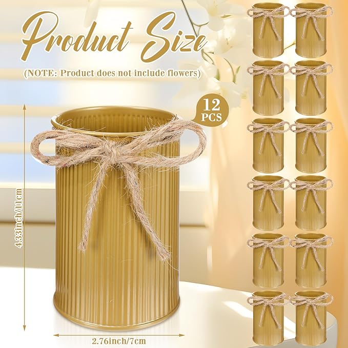 Rustic Vase for Table Centerpieces 4.33 Inch Small Petite Flower Vase with Twine Bow Vintage Farmhouse Decor for Wedding Reception Dining, Home Galvanized Metal Buckets(Gold,12 Pcs)