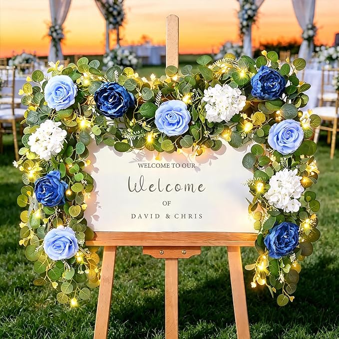 Livole 6 FT Artificial Flower Garland with Light Real Touch Fake Blue Floral Rose Peony Garland with Eucalyptus Flower Hanging Vine for Wedding Table Centerpieces Backdrop Party Arch Home Decor