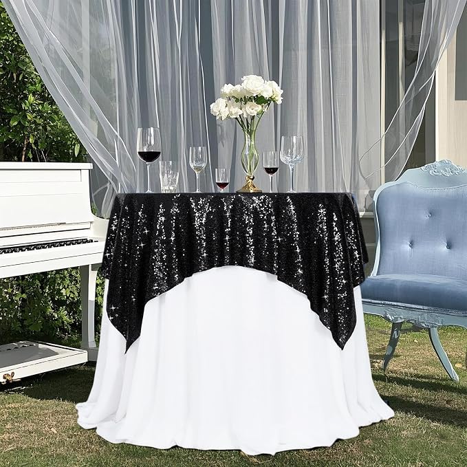 Poise3EHome Black Sequin Tablecloth 50×50 Inch Square Sparkly Fabric Table Cover Overlay for Birthday Halloween Party Holiday Baby Shower Decoration