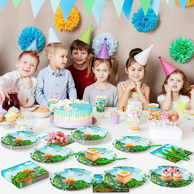 DYLIVeS Dinosaur Party Supplies, Dinosaur Themed Birthday Party Decorations Trex Dinosaur Party Favors Disposable Tableware Set for Kids Boys, Dinosaur Plates and Napkins, Cups, Cutlery, Serves 24