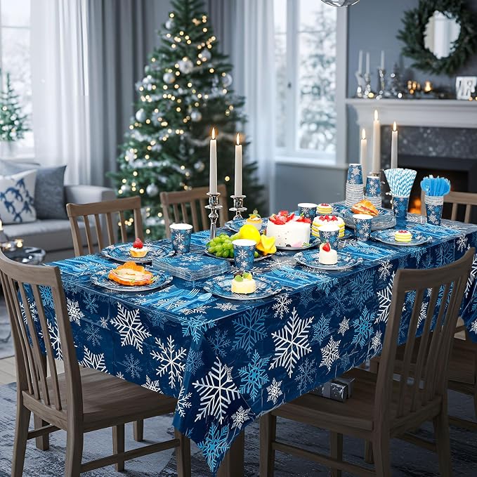 Funnymoom 452 Pcs Winter Dark Blue Snowflake Party Supplies for 50, Blue Silver White Snowflake Paper Plates Napkins Cups Tablecloth Cutlery Straws for Winter Birthday Wonderland Party Decoration