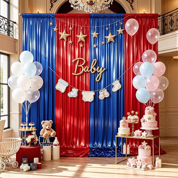 20ftx10ft Royal Blue and Red Sequin Backdrop Curtain Panels for Parties, Wrinkle Free Glitter Photo Backdrop Drapes 4 Panels Shimmer Back Drop Cloth for Wedding Birthday Photography Background