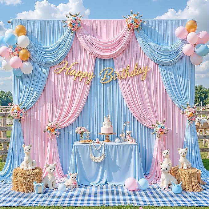 10x8ft Blue Pink Photo Backdrop Curtains for Gender Reveal Wrinkle Free Polyester Photoshoot Curtains Drapes Backdrop for Baby Shower Boy or Girl Birthday Party Photography Background 2 Panels 5x8FT