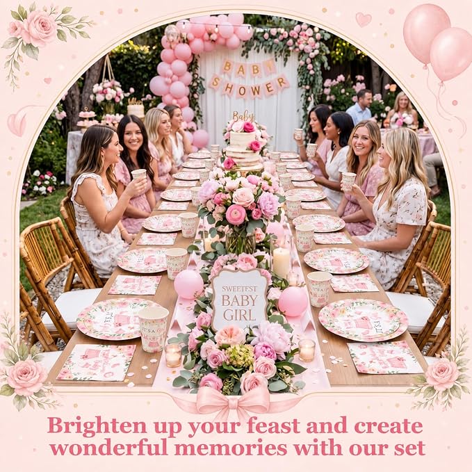 Pickmesh 250 Pcs Pink Floral Baby Girl Disposable Tableware Set Hello Sweet Baby Paper Plates Napkins Cups Cutlery for Gender Reveal Birthday Party Supplies Babies Shower, Serve 50 Guest