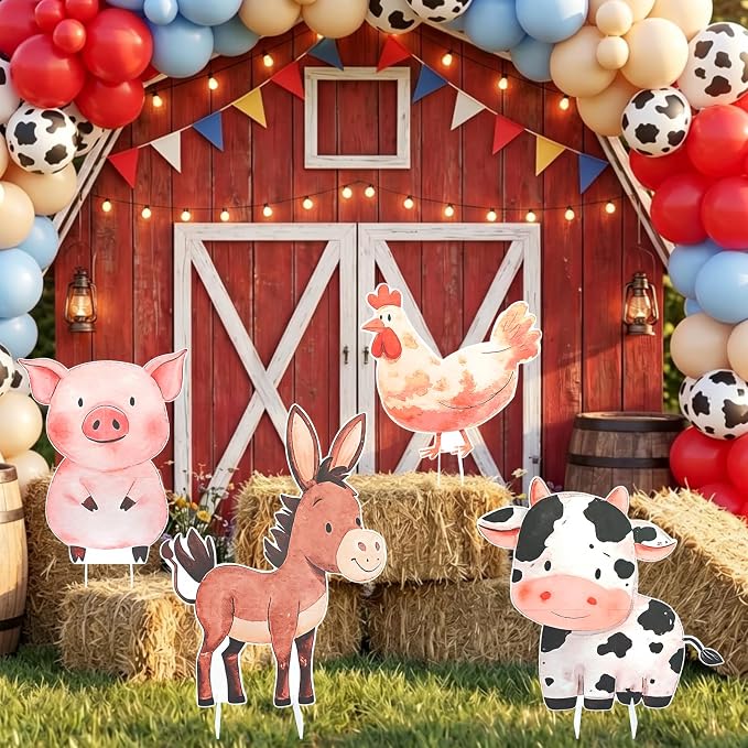Large Farm Animal Cardboard Cutouts - 4Pcs Farm Party Yard Sign Set Farm Animals Cardboard Stand Sign for Baby Shower Birthday Decorations Photo Booth Props