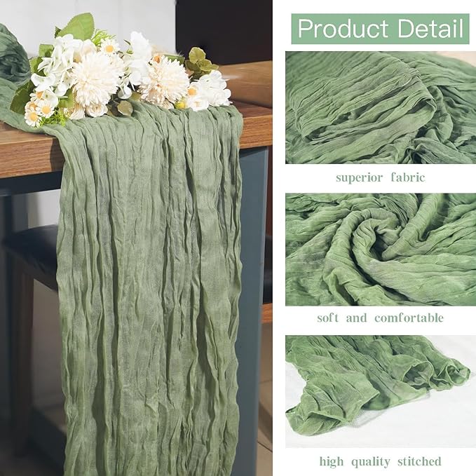 24 Pack Cheesecloth Table Runner, 35 x 120 Inch Boho Gauze Sage Green Table Runner 10ft Rustic Sheer Cheese Cloth Table Decor for Wedding Baby Bridal Shower Birthday Party Table Decoration