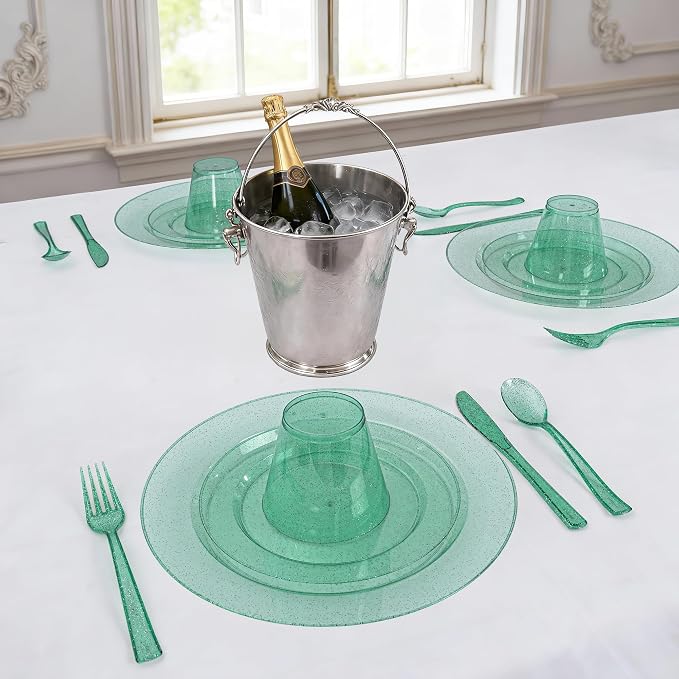 DaYammi 350 Pieces Green Glitter Dinnerware Set 50 Guest for Party St Patricks Day Plates - 50 Dinner Plates, 50 Dessert Plates - 50 Per Rolled Napkins with Green Cutlery - 50 Disposable Cups 9 OZ