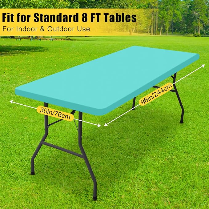 Smiry 3 Pack Rectangle Table Cloth, Elastic Fitted Flannel Backed Vinyl Tablecloths for 8ft Folding Tables, Waterproof Wipeable Table Covers for Indoor, Outdoor, Camping and Picnic (Teal, 30"x96")