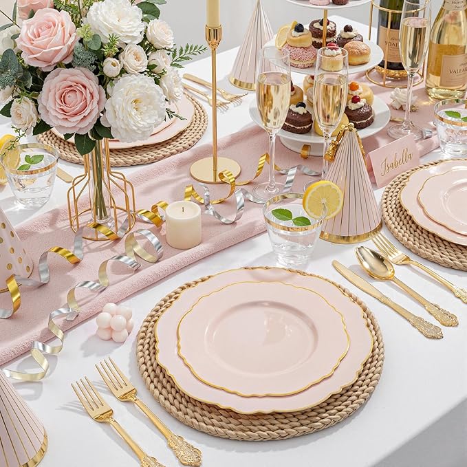 WDF 100pcs Pink Plastic Plates - High-end Baroque Design - Pink and Gold Plates - Including 50 Disposable Plate 10.25inch, 50Salad Plate 7.5inch for Wedding/Baby Shower/Spring/Birthday/Mother's Day