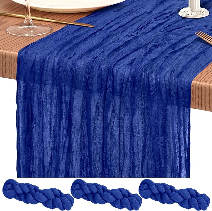 3 Pack Cheesecloth Table Runner 10FT Royal Blue Table Runner Boho Gauze Cheese Cloth Table Runners Long Rustic Sheer Table Decorations for Wedding Party Baby Bridal Shower Birthday Holiday Home
