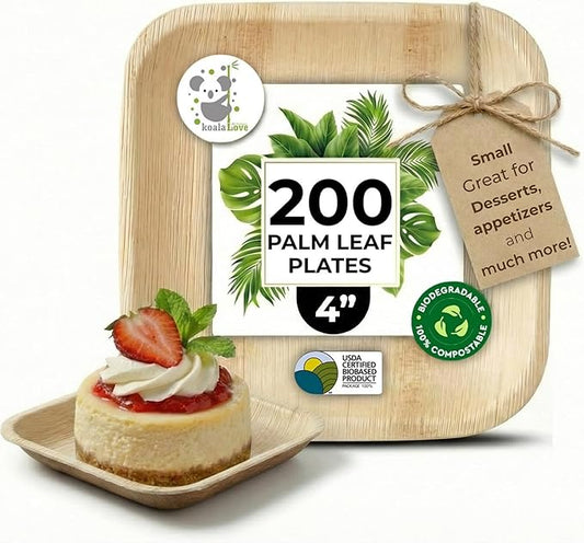 Palm Leaf Plates Bamboo Paper Disposable 4 Inch 200 Bulk Appetizer and Dessert Square Plate Party Pack Eco Biodegradable Compostable Wooden Better Than Plastic Plates By KoalaLove