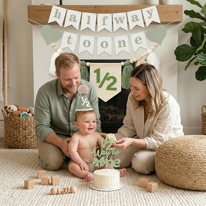 Baby First Birthday Party Decorations First Highchair Banner For Baby Boys Blue High Chair Banner Crown Cake Topper Baby Photo Banner 1st Birthday Photo Backdrop (1/2 Green)