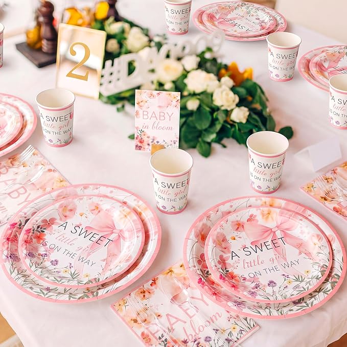 FillTouch 350 Pcs Baby in Bloom Baby Shower Party Plates Napkins a Sweet Is on The Way Paper Cups with Clear Knives Fork Spoon for Pink Bow Flower Disposable Birthday Tableware for 50 Guests