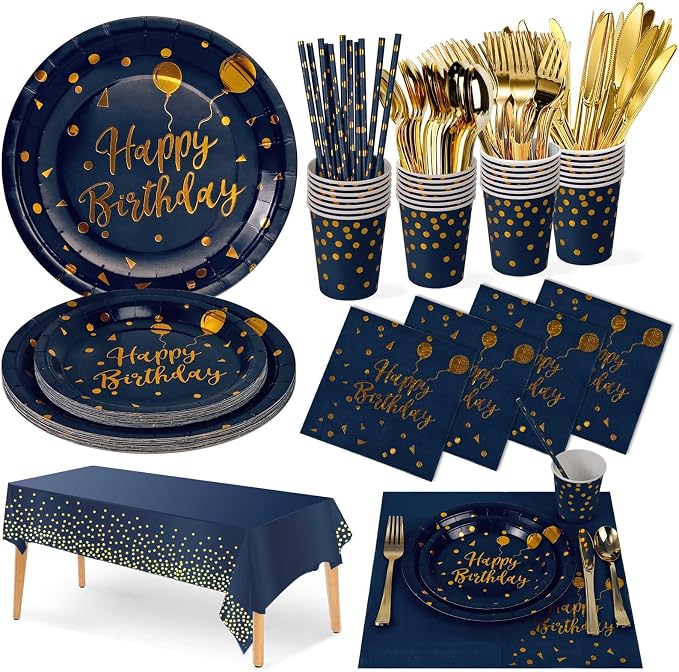 Nkaiso Birthday Party Tableware, 161 Pieces Navy Blue Gold Party Supplies, Party Dinnerware Sets Include Paper Plates Napkins Cups Silverware, for Shower Engagement Parties Decoration -20 Serves