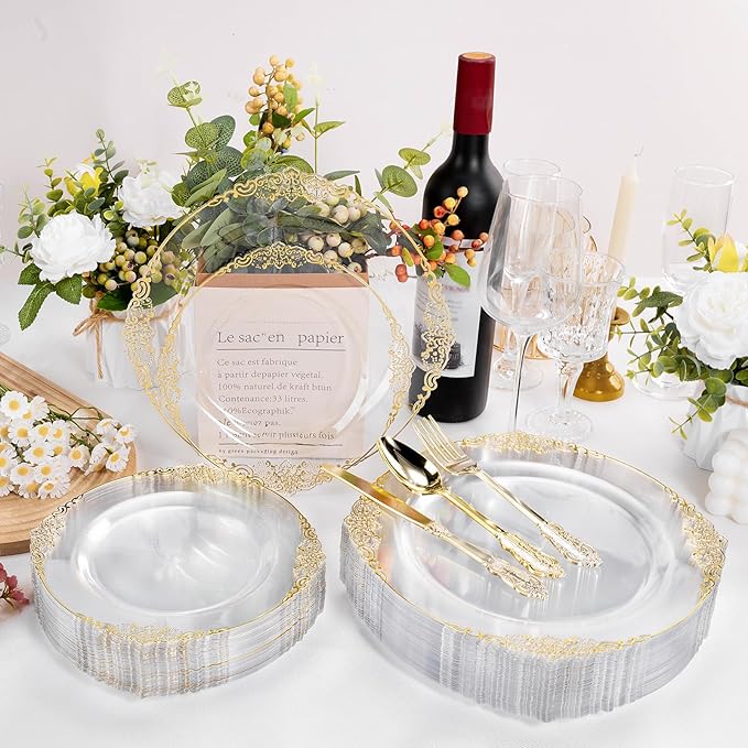 Bestluck 200 PCS Clear and Gold Plastic Plates for 100 Guests, Elegant Clear Disposable Plates with Gold Trim, Include 100 PCS Dinner Plates, 100 PCS Dessert Plates for Party, Birthday and Graduation