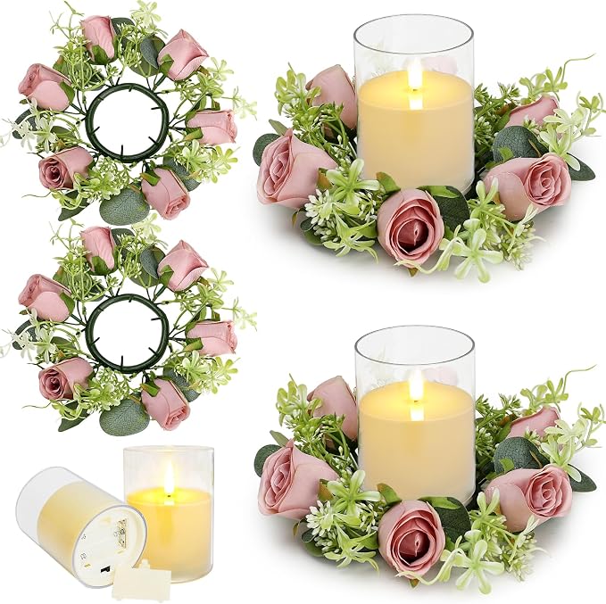4 PCS Candle Rings - Pink Artificial Roses Rings with LED Flameless Candles Eucalyptus Leaves Wreaths for Wedding Home Centerpieces Banquet Tables Doors Decor, Dusty Pink, 2 Sets