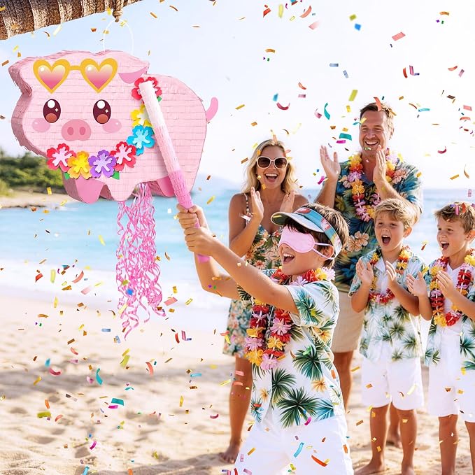 WERNNSAI Pig Piñata - Farm Party Decorations Hawaiian Pig Piñata with Blindfold and Stick for Summer Birthday Decorations Summer Tropical Birthday Party Luau Carnival Supplies