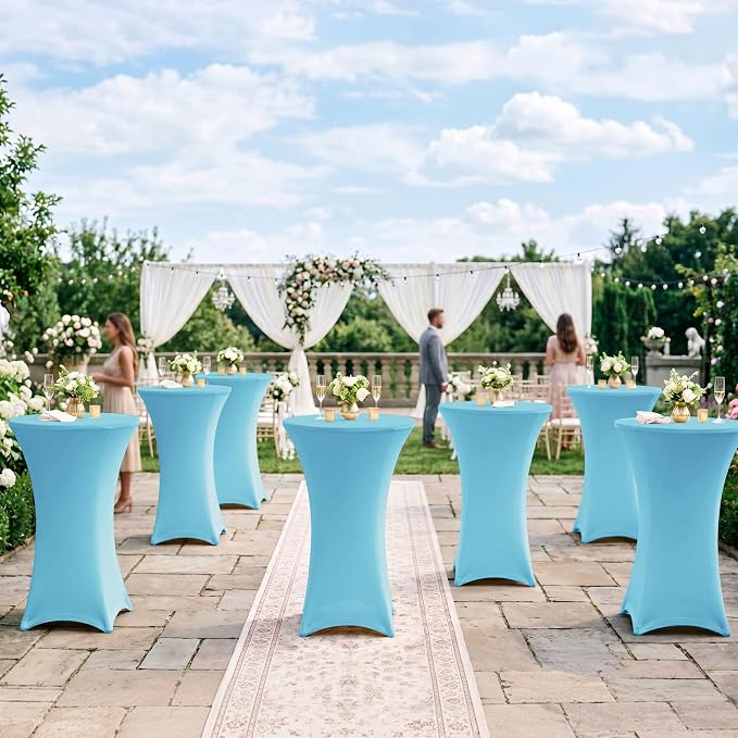 Cocktail Table Covers-Spandex Round High Top Table Cloths 6 Pack 32x43 Inch-Light Blue Stretch Fitted Bar Tall Tablecloth for Pub Bistro Highboy Party Banquet Height Folding Satnding Tables