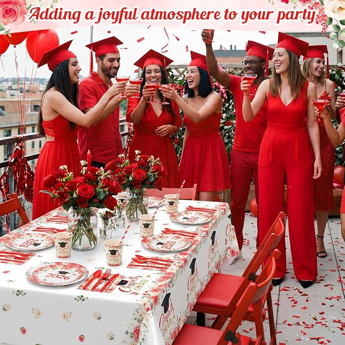 Funnymoom 452 Pcs 2026 Red Floral Graduation Decoration for 50, Class of 2026 Red White Gold Grad Paper Plates Napkins Cups Tablecloth Cutlery Straws for College School Congrats Grad Party Supplies