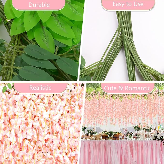 12Pcs Artificial Wisteria Hanging Flowers, 3.6Ft/Pcs Pink Fake Wisteria Garland for Wedding Party Home Garden Indoor Outdoor Decoration