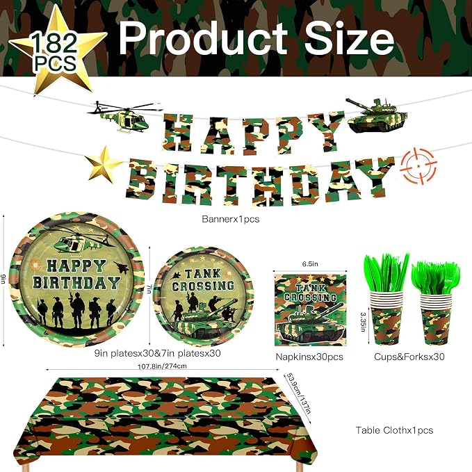 182Pcs Camo Birthday Party Supplies,Army Camouflage Theme Paper Plates Napkins and Tableware Set for Army Military Birthday Decorations,Serves 30