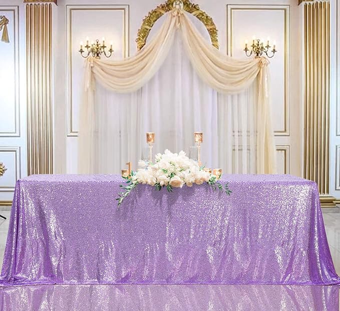 B-COOL Sequin Tablecloth 90x90inch Lilac Square Lavender Sequined Fabric Drapes Shiny Party Tablecloth Glitter Table Cloth Wedding Table Decorations