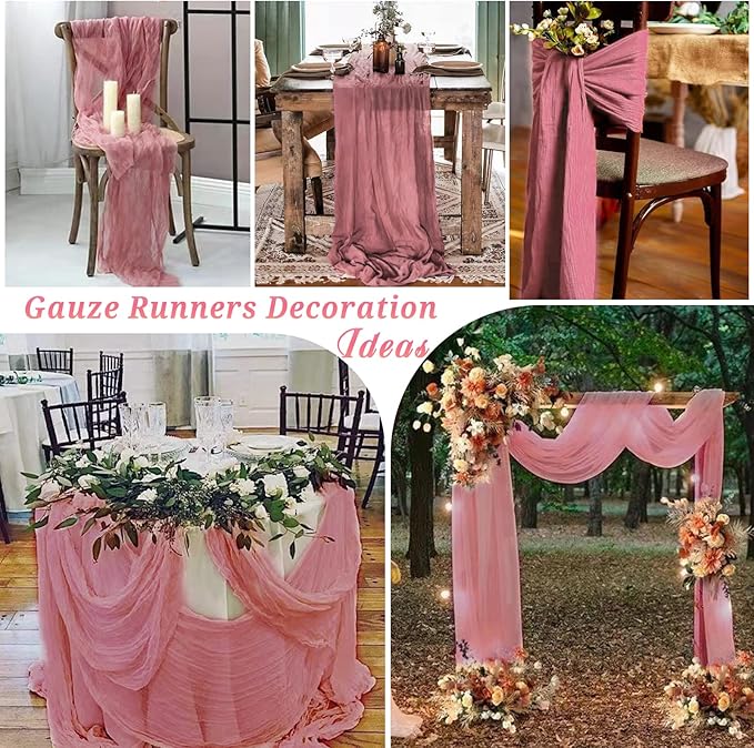 10 Pcs Dusty Rose Cheesecloth Table Runner 10FT, Gauze Table Runner for Wedding Reception Sheer Bridal Shower Birthday Party Boho Table Decoration, Rustic Romantic Wedding Runner