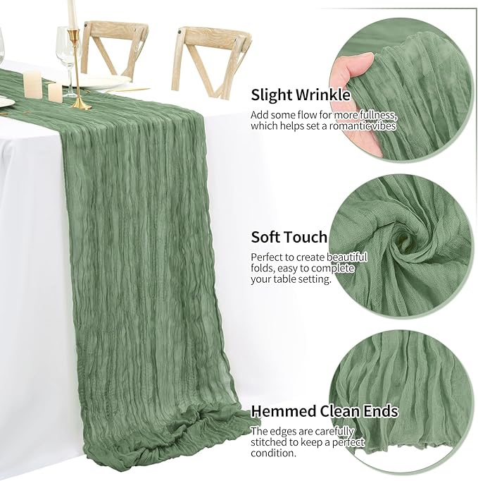 8 Pack 10Ft Cheesecloth Table Runner Sage Green, 20 x 120 Inch Rustic Gauze Boho Cheese Cloth Wedding Long Table Runner for Wedding Party Bridal Shower Decoration