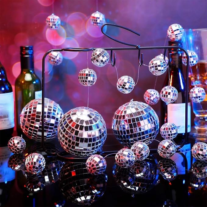 Sumind 8 Pack Disco Party Decorations Mini Disco Ball Garlands Silver Mirror Ball Hanging Banner Silver Streamer Curtains for Birthday Wedding Christmas Party Backdrop Supplies(1 Inch, 3 Inch)