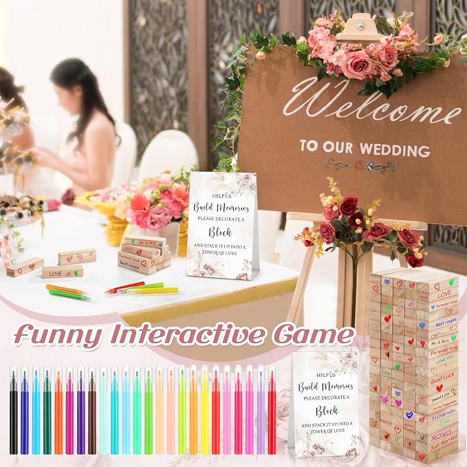 Nuanchu 125 Pcs Wedding Guest Book Alternative 100 Wooden Block Guest Book 24 Signing Pens Wedding Game Sign Wedding Decorations for Reception Bridal Shower Guest Book for Sign in(Boho)
