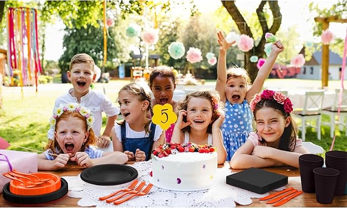 350 Pcs Orange & Black Plastic Plates For Party, Orange & Black Disposable Plates Set, 50 Of Each 9" Dinner Plate Set, 7" Dessert Plate, Cups, Napkins & Cutlery Plastic Dinnerware Set Exquisite