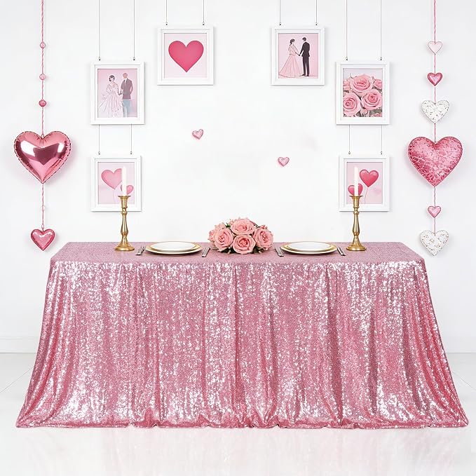 Eternal Beauty Fuchsia Pink Tablecloth, 60x120 Inch Sequin Rectangle Table Cover for Valentines Cake Dessert Exhibition Party Birthday Events