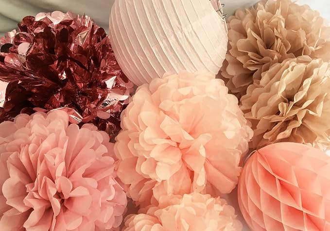 Blush Chrome Pink Hanging Decorations – Tissue paper Flower Pom Poms and Lantern for Birthday Wedding Baby Shower Bachelorette Party Decor(Chrome Pink + Pastel Pink + Pink Heather)