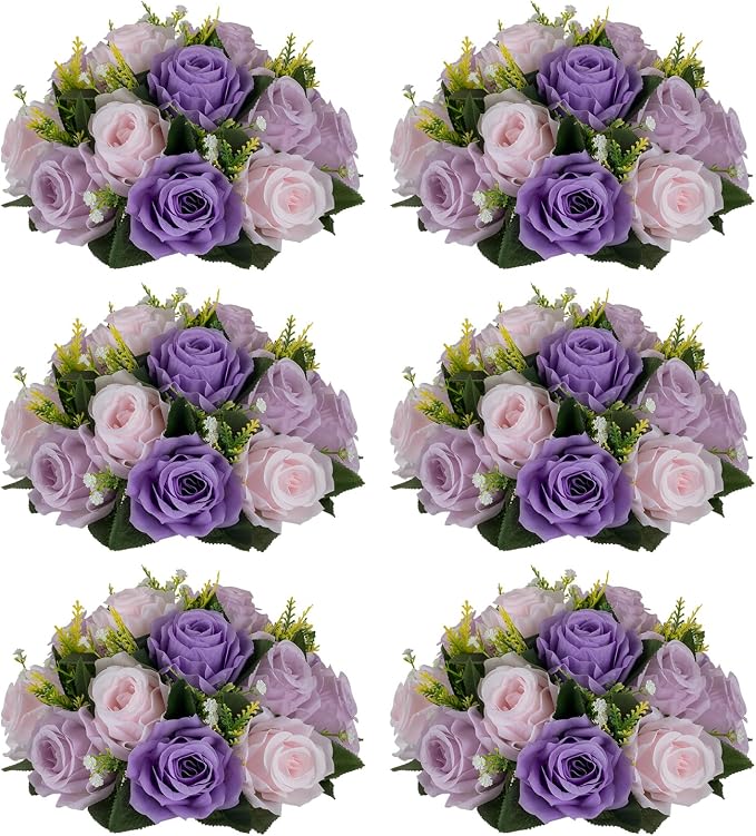 NUPTIO Artificial Flower Ball Centerpieces: 6 Pcs Lilac & Purple & Pink Rose Arrangements for Wedding Party Tables - Faux Silk Floral DIY Kissing Balls for Home Event Dining Decorations